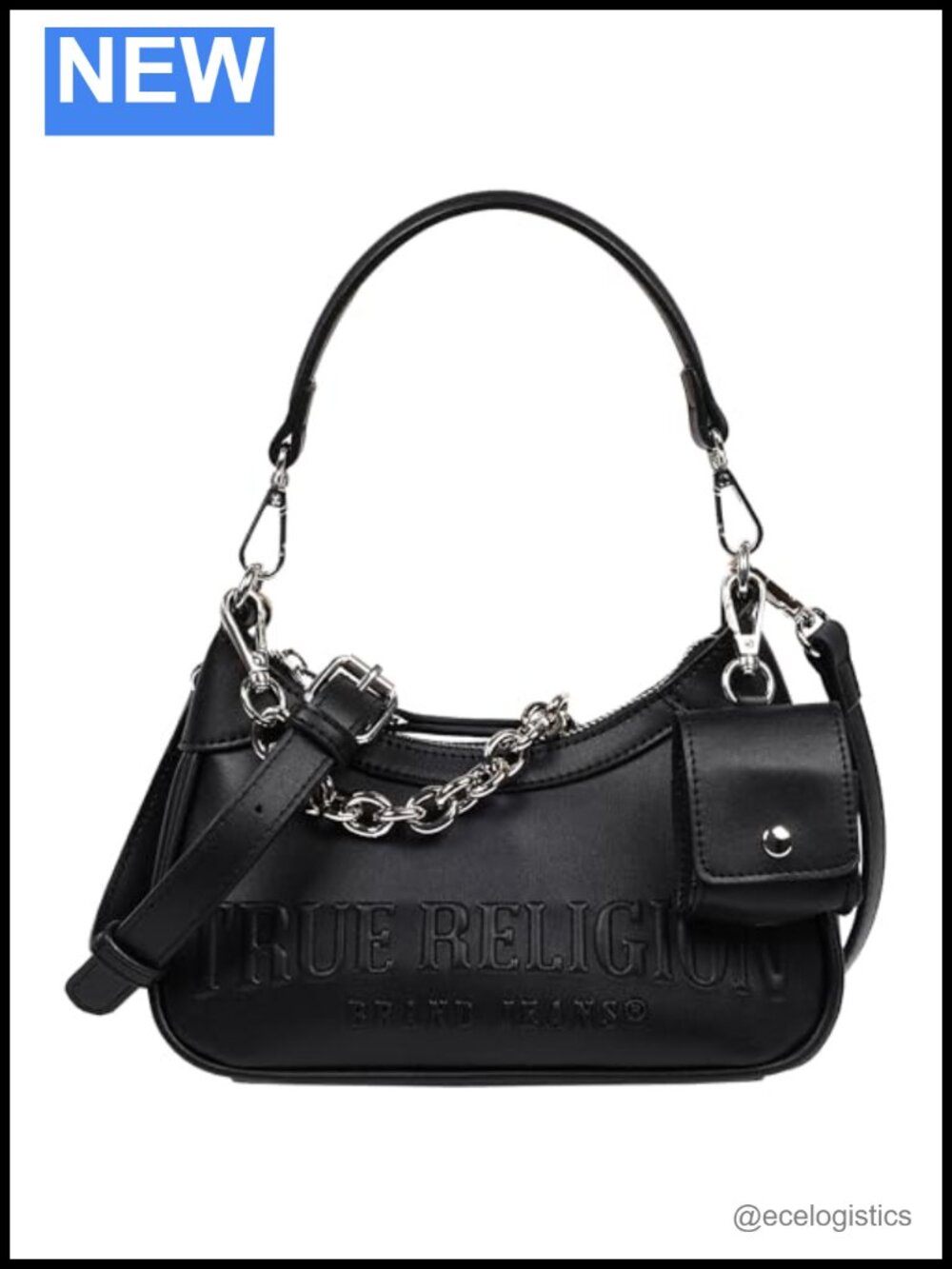 True Religion Women's Hobo Handbag, Zip-Top with Chain Strap, Black Purse